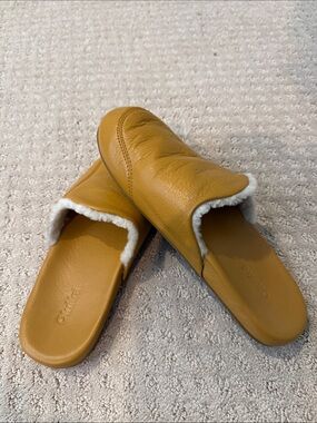 OluKai Honey Yellow Leather Shearling Slide Slippers